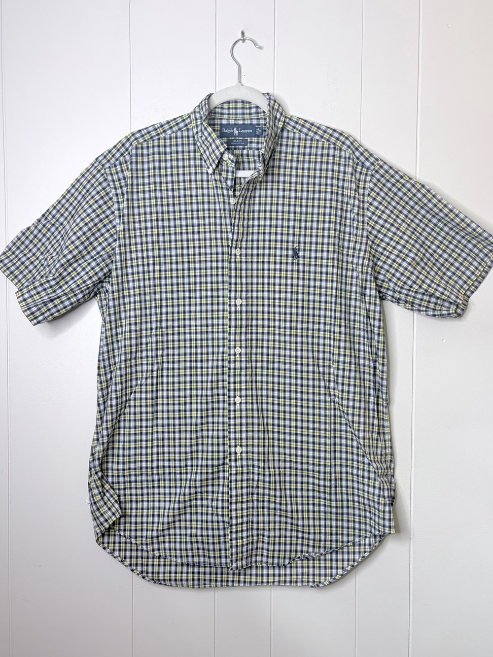 Ralph Lauren Men’s Short Sleeve Button Down Plaid Shirt Blue Yellow Polo Logo M